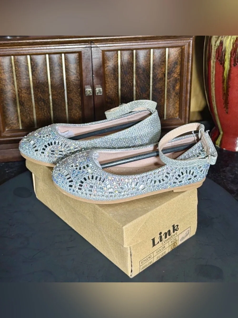 Girls' Size 8 Link Comfort Silver Rhinestone Flats with Ankle Strap